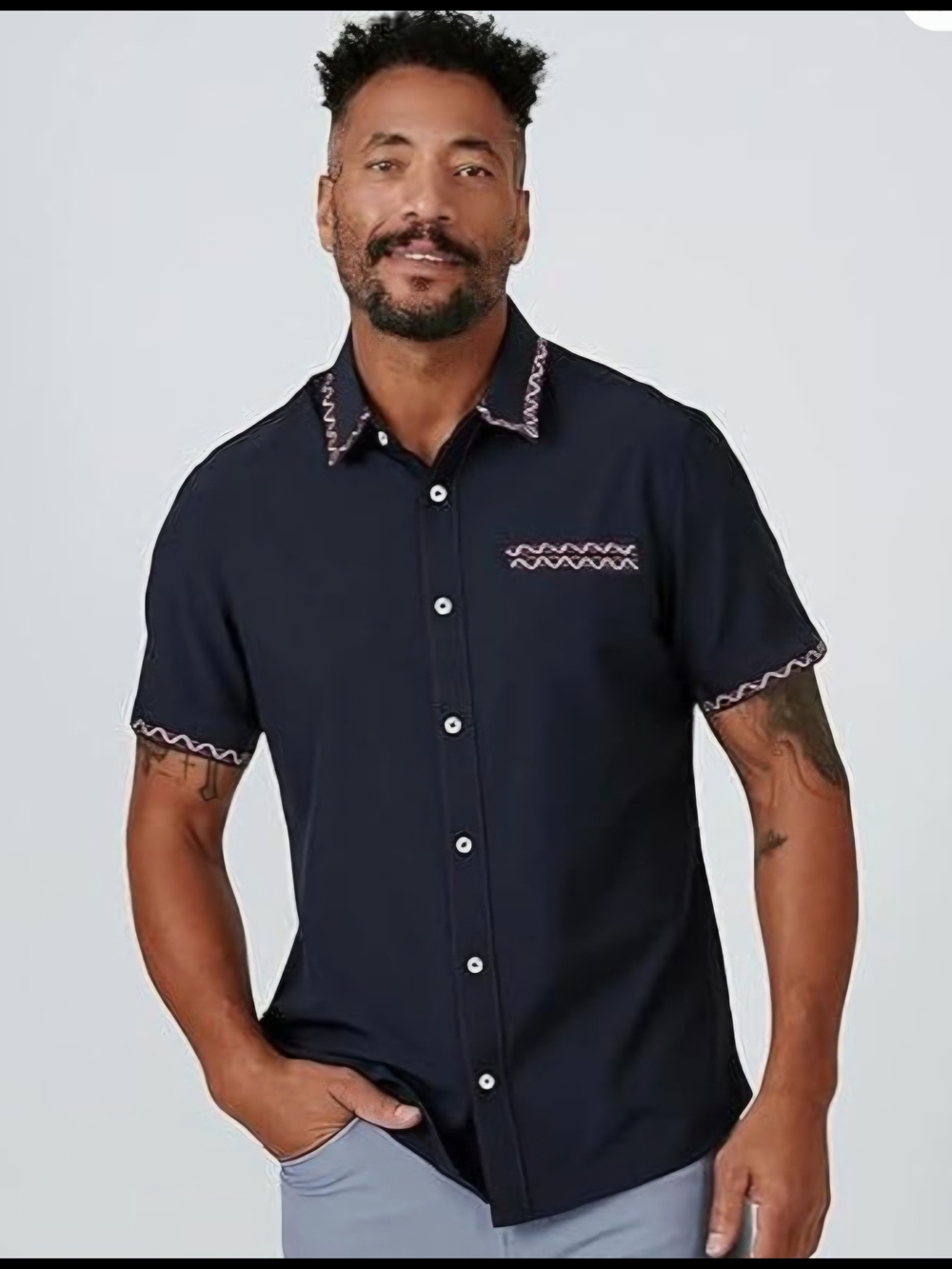 Men's Short Sleeve Black Shirt with Contrast Stitching